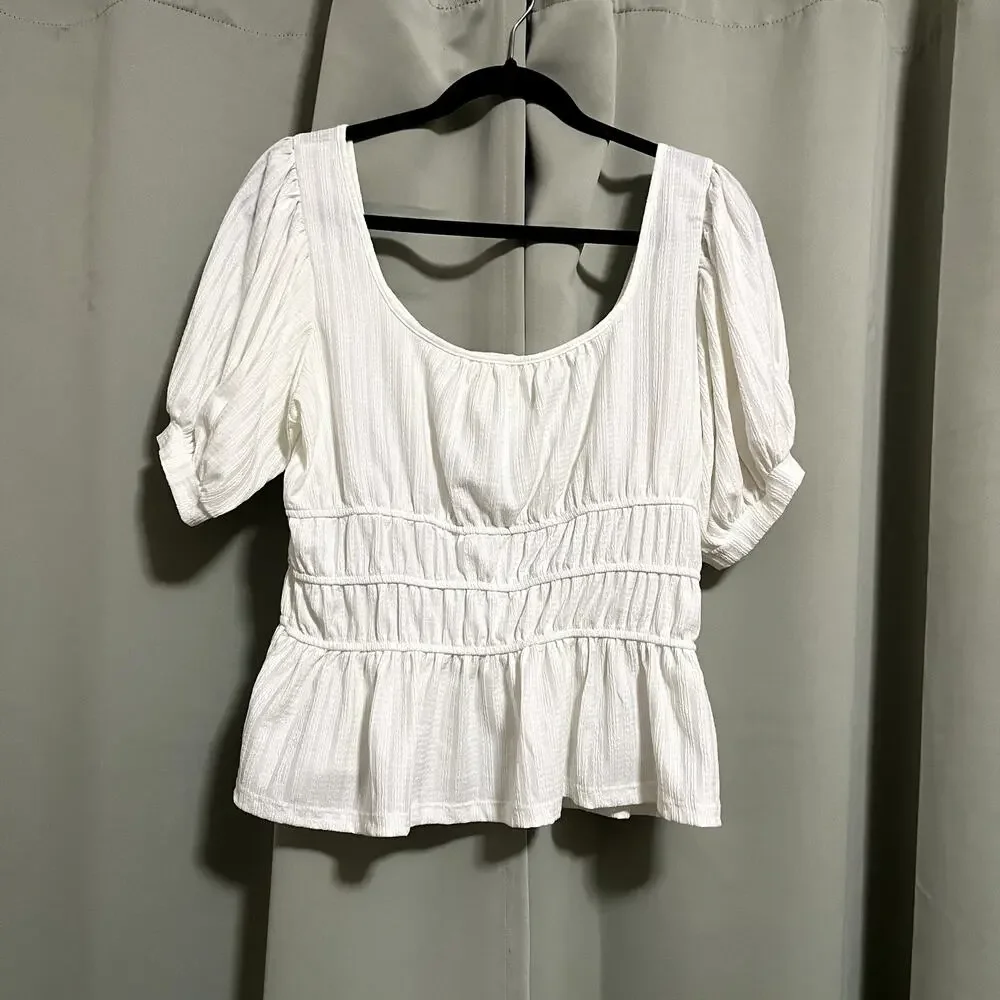 Anthropologie Maeve Ruched Puff-Sleeved Ivory White Blouse